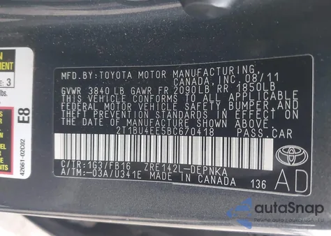 2011 Toyota Corolla Le из США, поврежденный, VIN 2T1BU4EE5BC670418